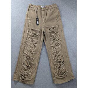Fashion Nova Jeans Womens 13 Taupe Distressed Ripped Wide Leg Cotton Style TTCB3